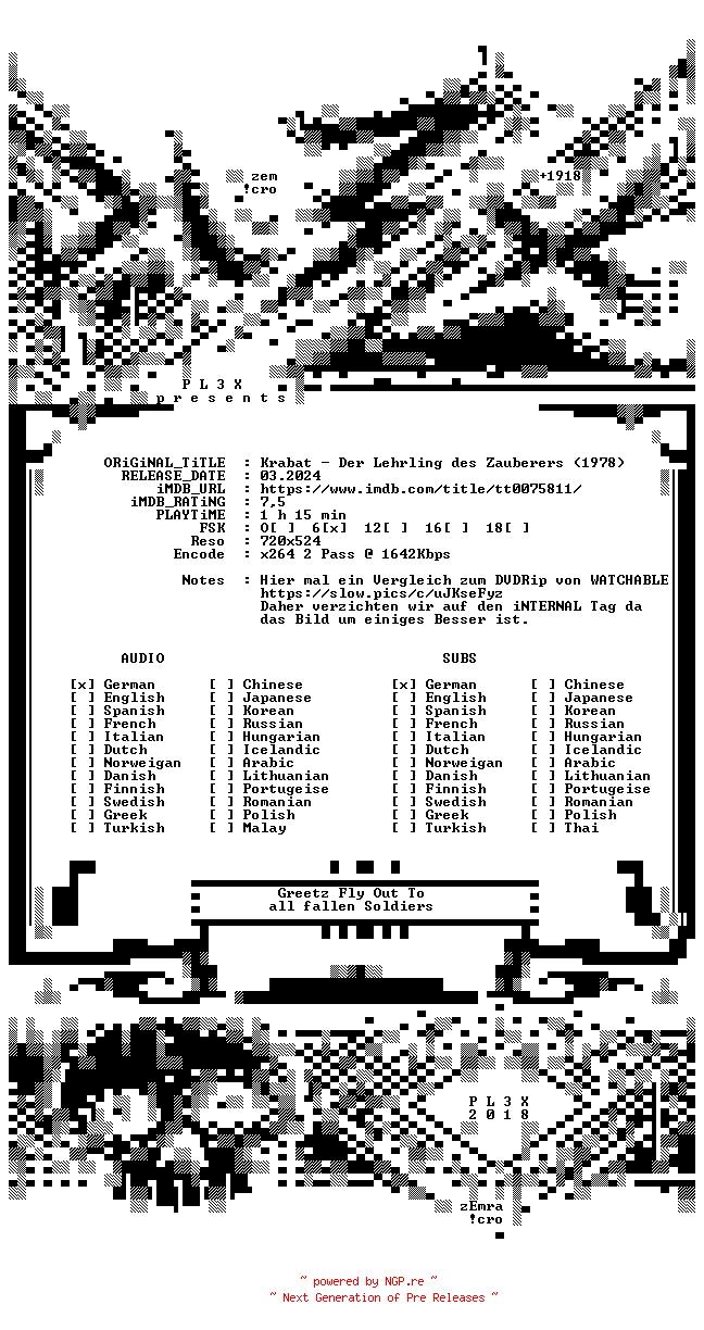 NFO for the release Krabat.Der.Lehrling.des.Zauberers.German.1978.REMASTERED.AC3.BDRiP.x264.READNFO-PL3X by PL3X