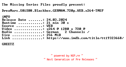 NFO for the release DreaMars.S01E08.Blackbox.GERMAN.720p.WEB.x264-TMSF by TMSF