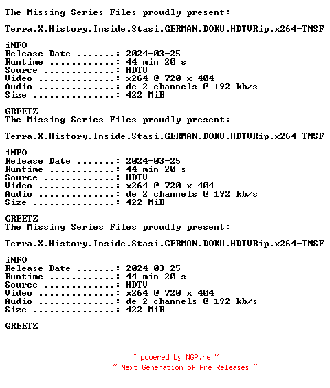NFO for the release Terra.X.History.Inside.Stasi.GERMAN.DOKU.HDTVRip.x264-TMSF by TMSF