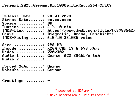 NFO for the release Ferrari.German.2023.AC3.BDRip.x264-SPiCY by SPiCY