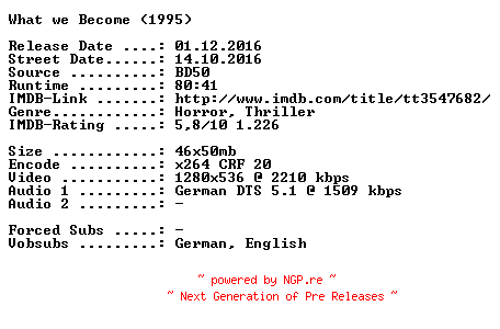 NFO for the release What.We.Become.2015.German.720p.BluRay.x264-SPiCY by SPiCY
