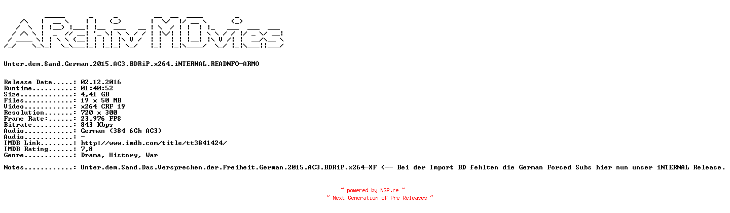 NFO for the release Unter.dem.Sand.German.2015.AC3.BDRiP.x264.iNTERNAL.READNFO-ARMO by ARMO