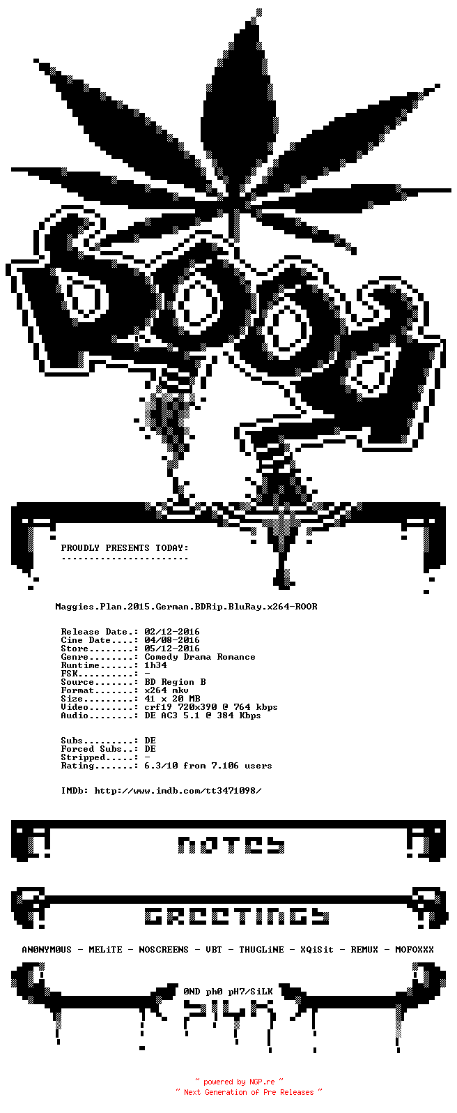 NFO for the release Maggies.Plan.German.2015.BDRip.x264-ROOR by ROOR
