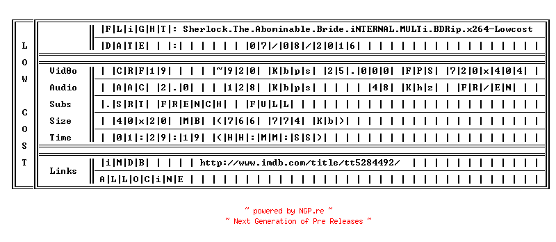 NFO for the release Sherlock.The.Abominable.Bride.iNTERNAL.MULTi.BDRip.x264-Lowcost by Lowcost