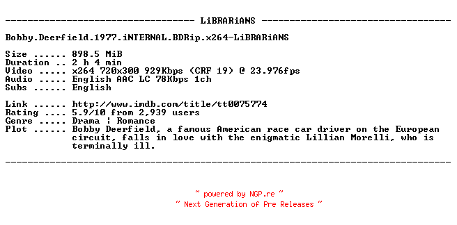 NFO for the release Bobby.Deerfield.1977.iNTERNAL.BDRip.x264-LiBRARiANS by LiBRARiANS