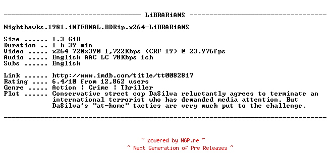 NFO for the release Nighthawks.1981.iNTERNAL.BDRip.x264-LiBRARiANS by LiBRARiANS