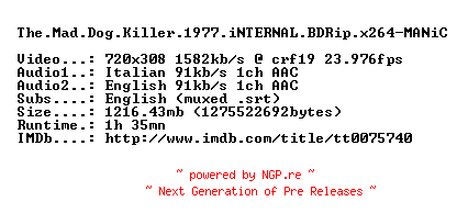 NFO for the release The.Mad.Dog.Killer.1977.iNTERNAL.BDRip.x264-MANiC by MANiC