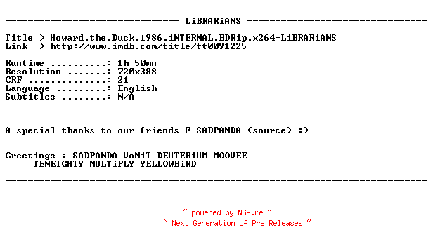 NFO for the release Howard.the.Duck.1986.iNTERNAL.BDRip.x264-LiBRARiANS by LiBRARiANS