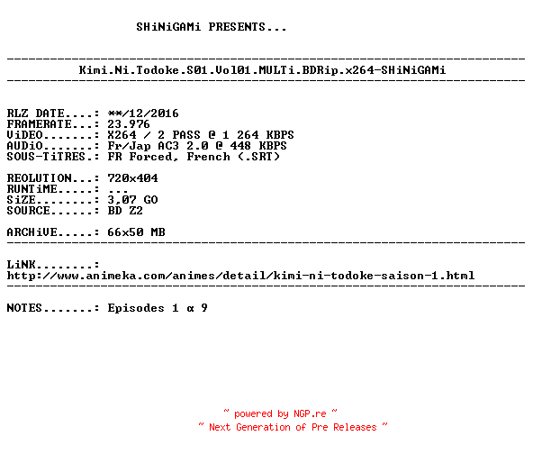 NFO for the release Kimi.Ni.Todoke.S01.Vol01.MULTi.BDRip.x264-SHiNiGAMi by SHiNiGAMi