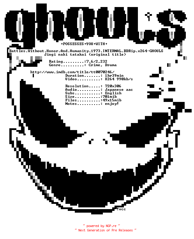 NFO for the release Battles.Without.Honor.And.Humanity.1973.INTERNAL.BDRip.x264-GHOULS by GHOULS