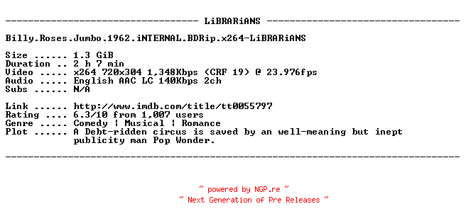 NFO for the release Billy.Roses.Jumbo.1962.iNTERNAL.BDRip.x264-LiBRARiANS by LiBRARiANS