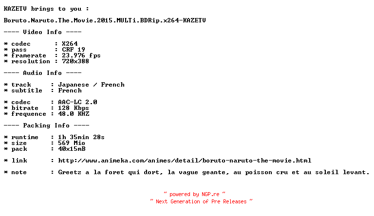 NFO for the release Boruto.Naruto.The.Movie.2015.MULTi.BDRip.x264-KAZETV by KAZETV