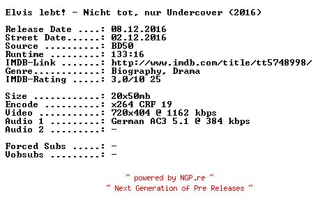 NFO for the release Elvis.lebt.Nicht.tot.nur.Undercover.German.2016.AC3.BDRip.x264-SPiCY by SPiCY