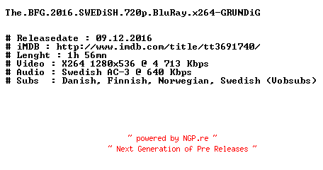 NFO for the release The.BFG.2016.SWEDiSH.720p.BluRay.x264-GRUNDiG by GRUNDiG