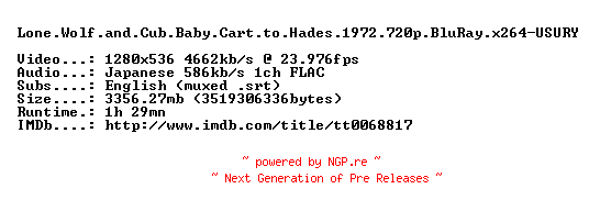 NFO for the release Lone.Wolf.and.Cub.Baby.Cart.to.Hades.1972.720p.BluRay.x264-USURY by USURY