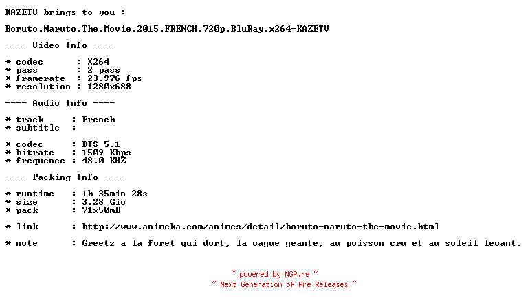 NFO for the release Boruto.Naruto.The.Movie.2015.FRENCH.720p.BluRay.x264-KAZETV by KAZETV