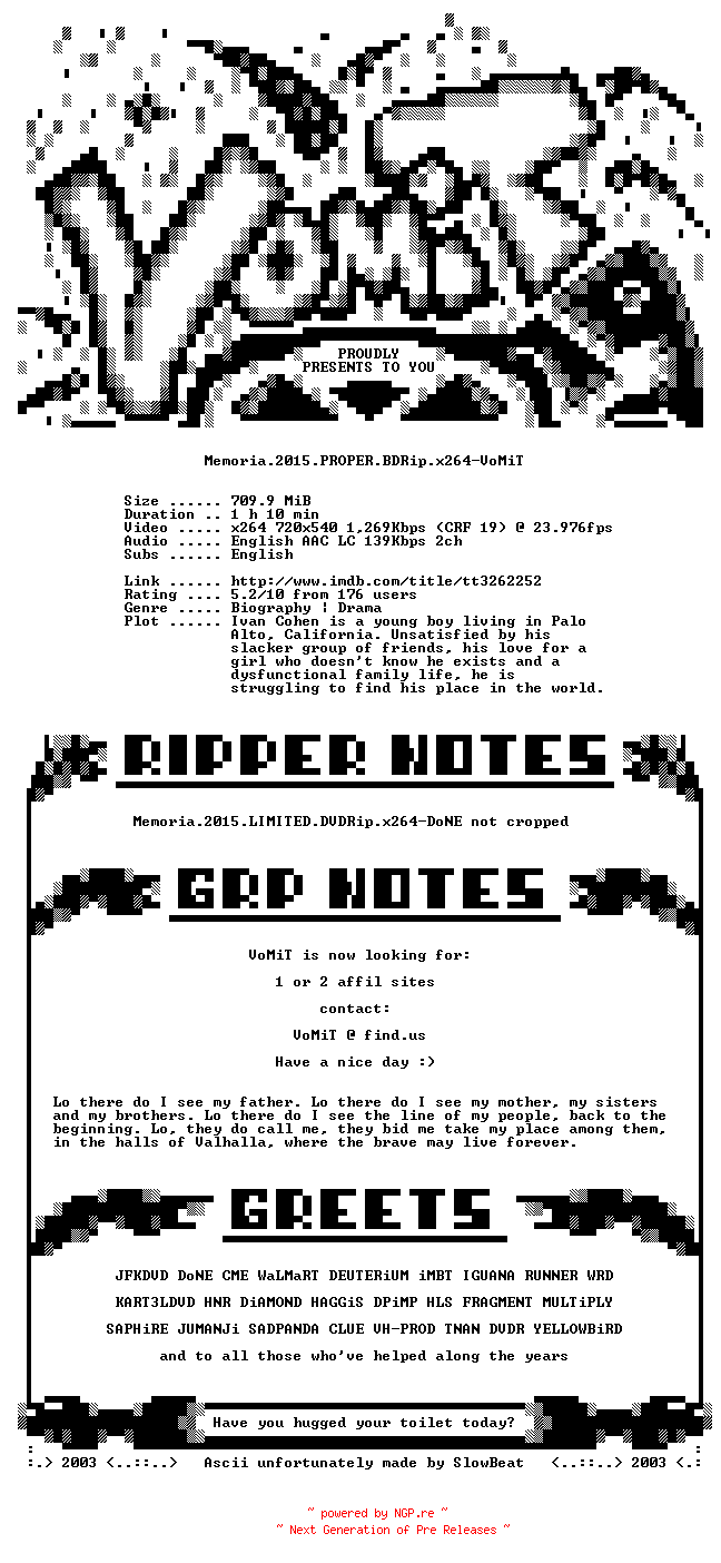 NFO for the release Memoria.2015.PROPER.BDRip.x264-VoMiT by VoMiT