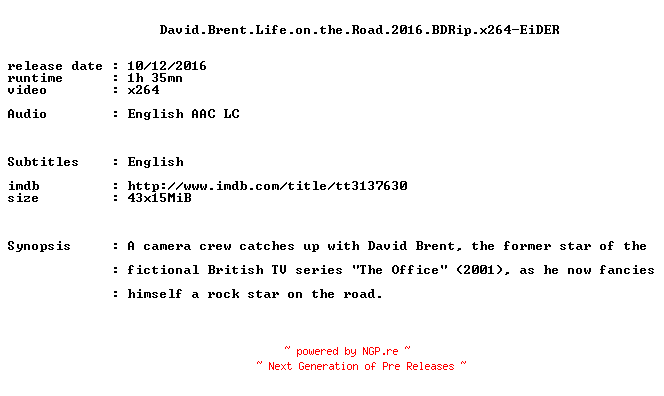 NFO for the release David.Brent.Life.on.the.Road.2016.BDRip.x264-EiDER by EiDER