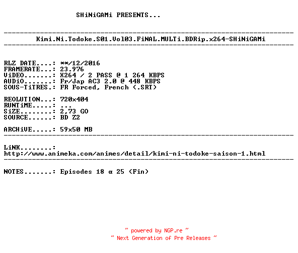 NFO for the release Kimi.Ni.Todoke.S01.Vol03.FiNAL.MULTi.BDRip.x264-SHiNiGAMi by SHiNiGAMi