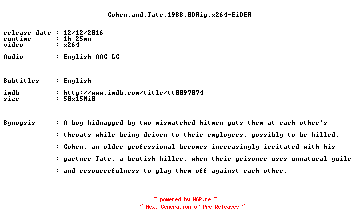 NFO for the release Cohen.and.Tate.1988.BDRip.x264-EiDER by EiDER