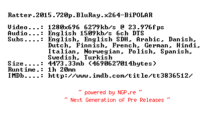 NFO for the release Ratter.2015.720p.BluRay.x264-BiPOLAR by BiPOLAR