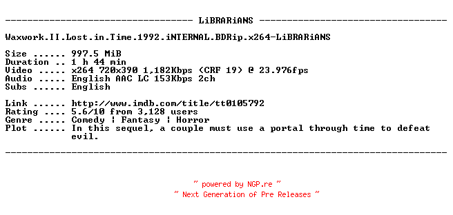 NFO for the release Waxwork.II.Lost.in.Time.1992.iNTERNAL.BDRip.x264-LiBRARiANS by LiBRARiANS