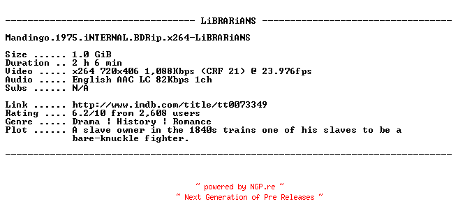 NFO for the release Mandingo.1975.iNTERNAL.BDRip.x264-LiBRARiANS by LiBRARiANS