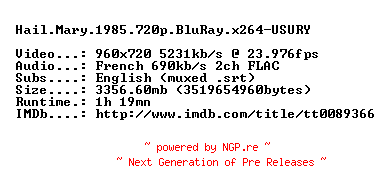 NFO for the release Hail.Mary.1985.720p.BluRay.x264-USURY by USURY
