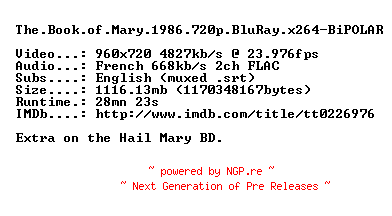 NFO for the release The.Book.of.Mary.1986.720p.BluRay.x264-BiPOLAR by BiPOLAR