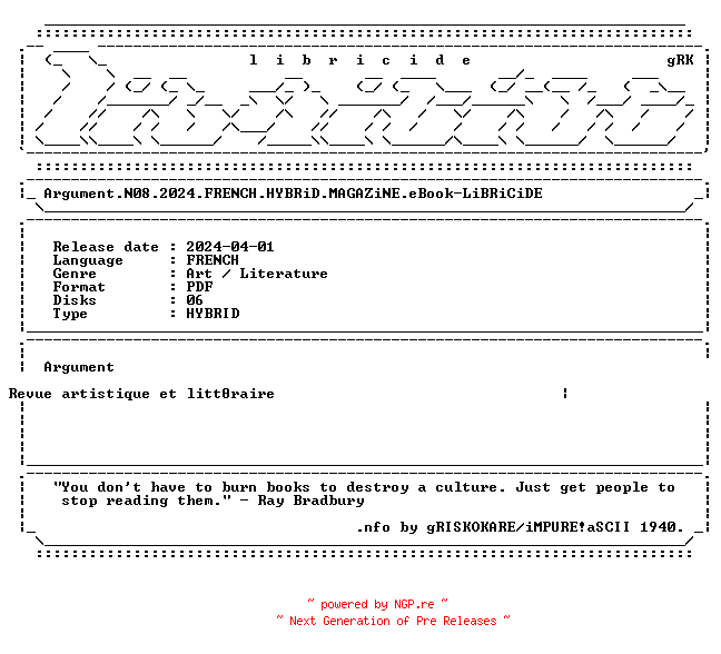 NFO for the release Argument.N08.2024.FRENCH.HYBRiD.MAGAZiNE.eBook-LiBRiCiDE by LiBRiCiDE