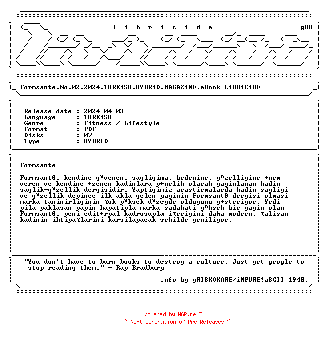 NFO for the release Formsante.No.02.2024.TURKiSH.HYBRiD.MAGAZiNE.eBook-LiBRiCiDE by LiBRiCiDE