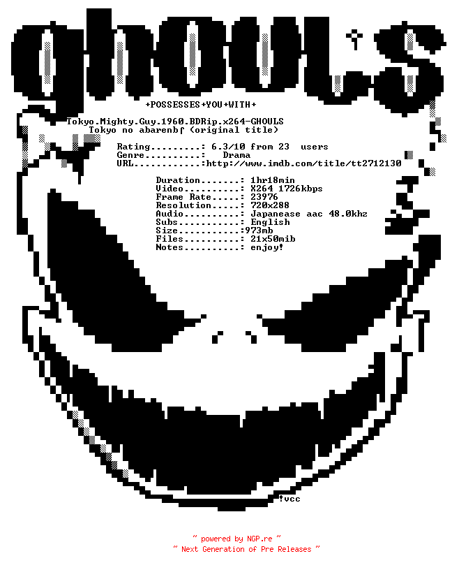 NFO for the release Tokyo.Mighty.Guy.1960.BDRip.x264-GHOULS by GHOULS