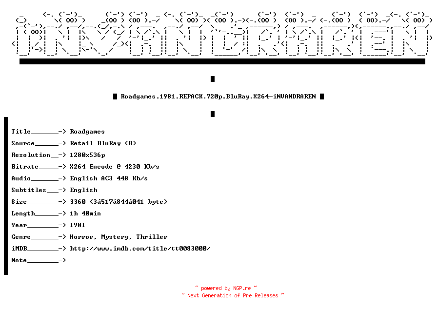 NFO for the release Roadgames.1981.REPACK.720p.BluRay.X264-iNVANDRAREN by iNVANDRAREN