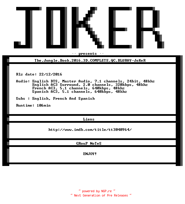 NFO for the release The.Jungle.Book.2016.3D.COMPLETE.QC.BLURAY-JoKeR by JoKeR