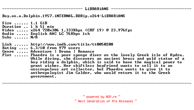 NFO for the release Boy.on.a.Dolphin.1957.iNTERNAL.BDRip.x264-LiBRARiANS by LiBRARiANS