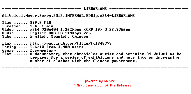 NFO for the release Ai.Weiwei.Never.Sorry.2012.iNTERNAL.BDRip.x264-LiBRARiANS by LiBRARiANS
