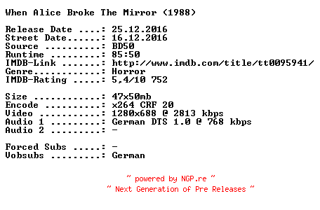 NFO for the release When.Alice.Broke.The.Mirror.1988.German.720p.BluRay.x264-SPiCY by SPiCY