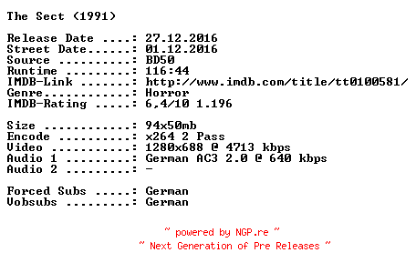 NFO for the release The.Sect.1991.German.720p.BluRay.x264-SPiCY by SPiCY