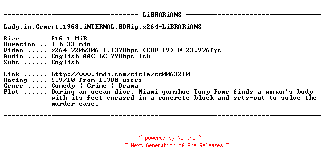NFO for the release Lady.in.Cement.1968.iNTERNAL.BDRip.x264-LiBRARiANS by LiBRARiANS