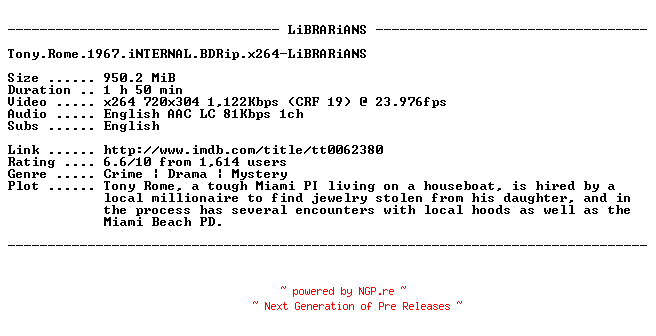 NFO for the release Tony.Rome.1967.iNTERNAL.BDRip.x264-LiBRARiANS by LiBRARiANS