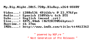 NFO for the release My.Big.Night.2015.720p.BluRay.x264-USURY by USURY