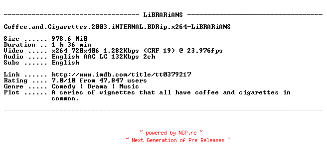 NFO for the release Coffee.and.Cigarettes.2003.iNTERNAL.BDRip.x264-LiBRARiANS by LiBRARiANS