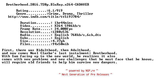 NFO for the release Brotherhood.2016.720p.BluRay.x264-CADAVER by CADAVER