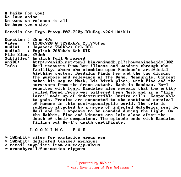 NFO for the release Ergo.Proxy.E07.720p.BluRay.x264-HAiKU by HAiKU