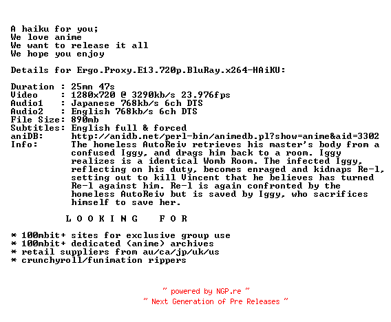 NFO for the release Ergo.Proxy.E13.720p.BluRay.x264-HAiKU by HAiKU