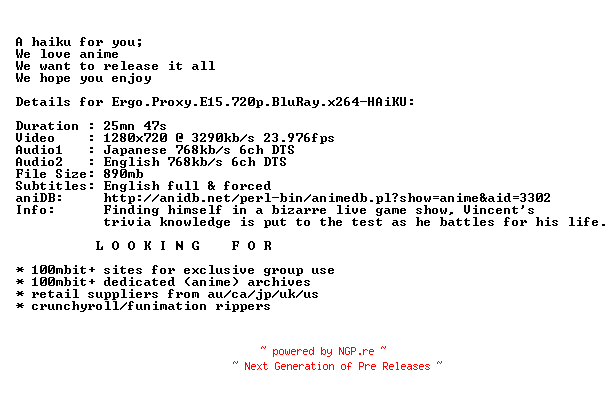 NFO for the release Ergo.Proxy.E15.720p.BluRay.x264-HAiKU by HAiKU