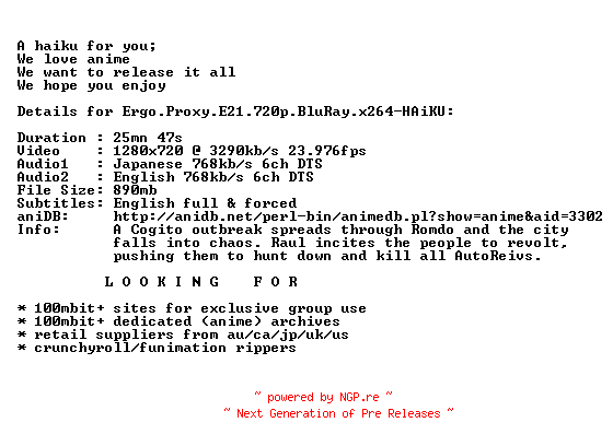 NFO for the release Ergo.Proxy.E21.720p.BluRay.x264-HAiKU by HAiKU