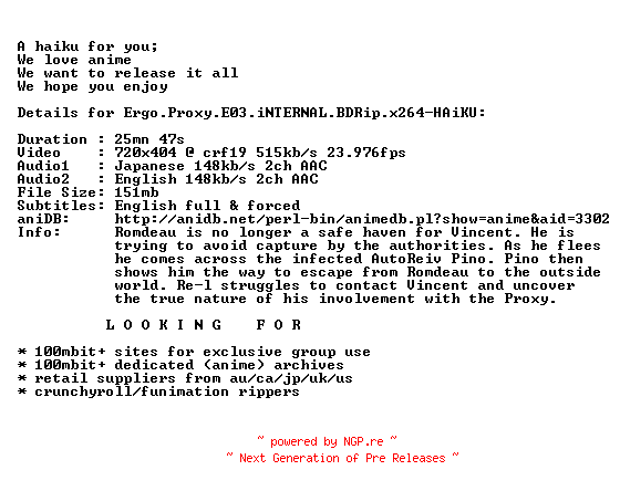 NFO for the release Ergo.Proxy.E03.iNTERNAL.BDRip.x264-HAiKU by HAiKU