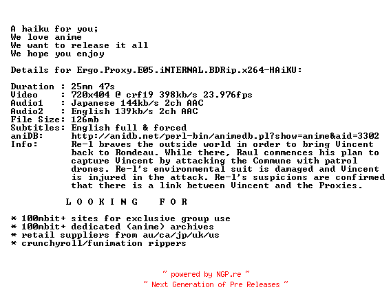 NFO for the release Ergo.Proxy.E05.iNTERNAL.BDRip.x264-HAiKU by HAiKU