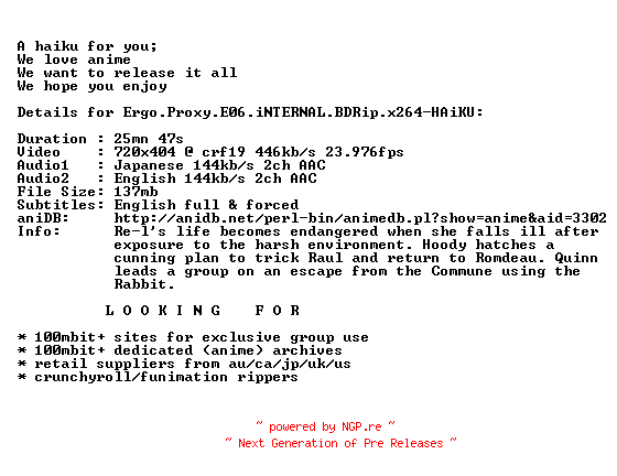 NFO for the release Ergo.Proxy.E06.iNTERNAL.BDRip.x264-HAiKU by HAiKU